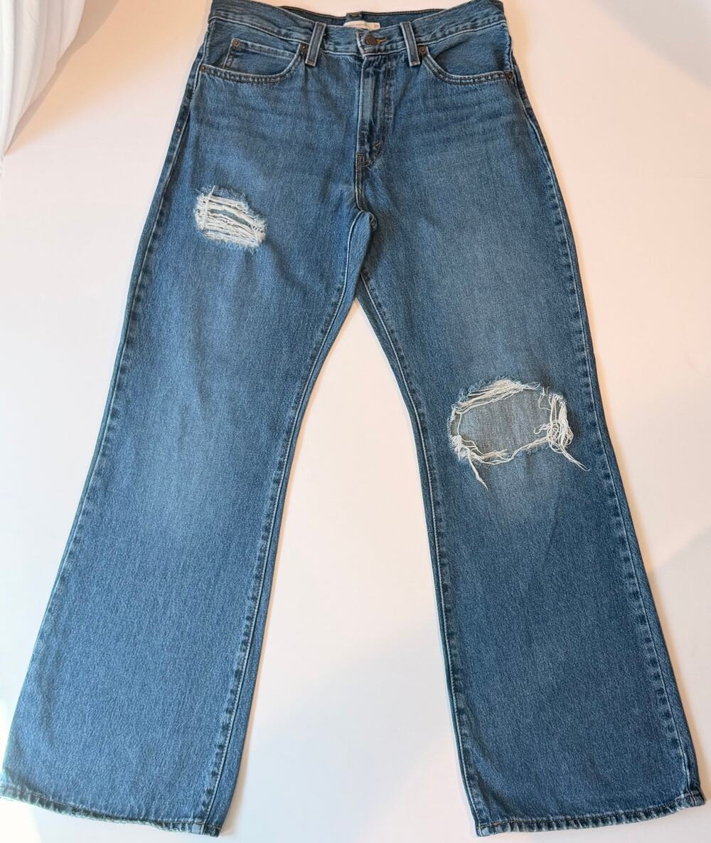 Levi's 94 Baggy Bootcut Jeans Women's Distressed Ripped Blue Denim Size 28